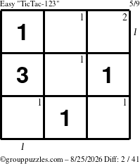 The grouppuzzles.com Easy TicTac-123 puzzle for Tuesday August 25, 2026, suitable for printing, with all 2 steps marked