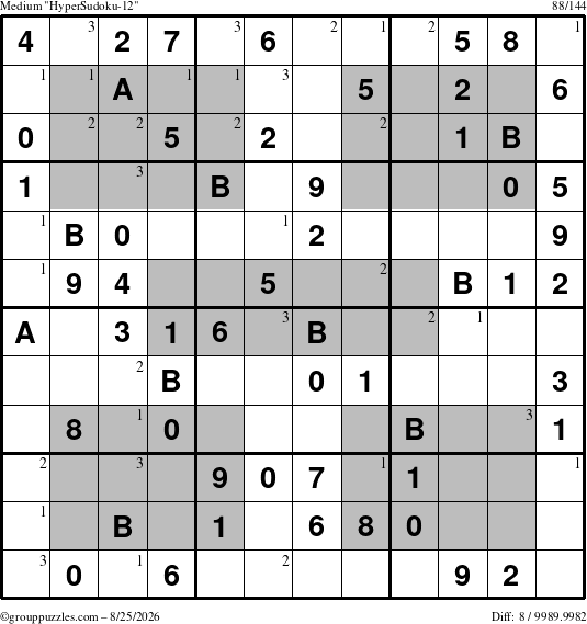 The grouppuzzles.com Medium HyperSudoku-12 puzzle for Tuesday August 25, 2026 with the first 3 steps marked