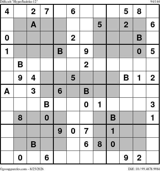 The grouppuzzles.com Difficult HyperSudoku-12 puzzle for Tuesday August 25, 2026