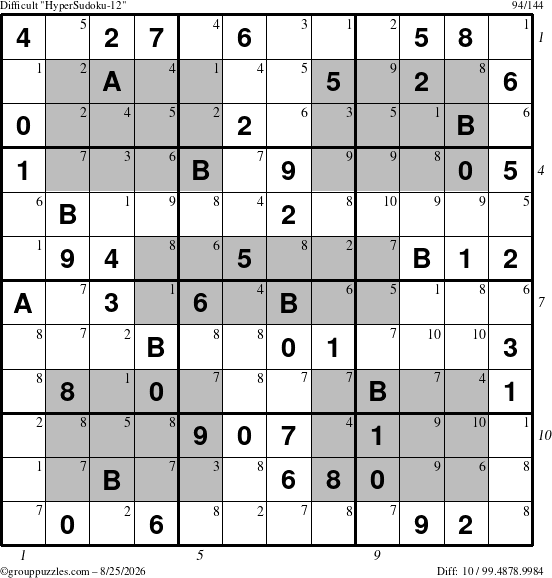 The grouppuzzles.com Difficult HyperSudoku-12 puzzle for Tuesday August 25, 2026, suitable for printing, with all 10 steps marked
