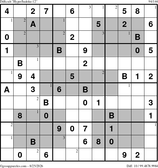 The grouppuzzles.com Difficult HyperSudoku-12 puzzle for Tuesday August 25, 2026 with the first 3 steps marked