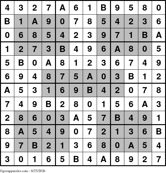 The grouppuzzles.com Answer grid for the HyperSudoku-12 puzzle for Tuesday August 25, 2026