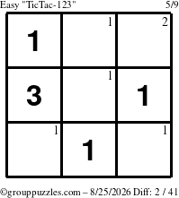 The grouppuzzles.com Easy TicTac-123 puzzle for Tuesday August 25, 2026 with the first 2 steps marked