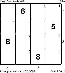 The grouppuzzles.com Easy Sudoku-4-5678 puzzle for Friday March 20, 2026, suitable for printing, with all 3 steps marked