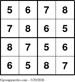 The grouppuzzles.com Answer grid for the Sudoku-4-5678 puzzle for Friday March 20, 2026