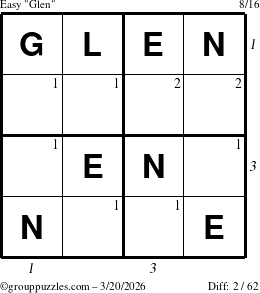 The grouppuzzles.com Easy Glen puzzle for Friday March 20, 2026, suitable for printing, with all 2 steps marked