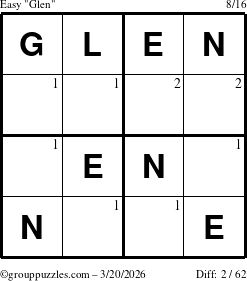 The grouppuzzles.com Easy Glen puzzle for Friday March 20, 2026 with the first 2 steps marked