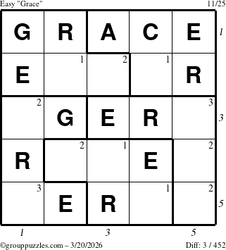 The grouppuzzles.com Easy Grace puzzle for Friday March 20, 2026, suitable for printing, with all 3 steps marked