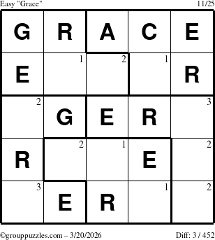 The grouppuzzles.com Easy Grace puzzle for Friday March 20, 2026 with the first 3 steps marked