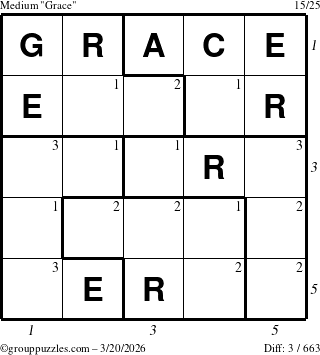The grouppuzzles.com Medium Grace puzzle for Friday March 20, 2026, suitable for printing, with all 3 steps marked