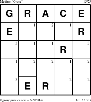 The grouppuzzles.com Medium Grace puzzle for Friday March 20, 2026 with the first 3 steps marked