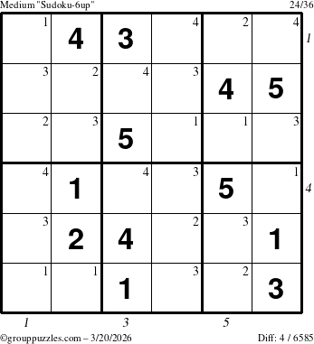 The grouppuzzles.com Medium Sudoku-6up puzzle for Friday March 20, 2026 with all 4 steps marked