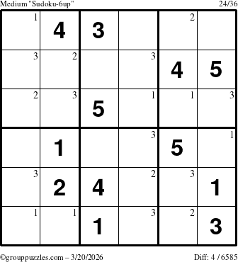 The grouppuzzles.com Medium Sudoku-6up puzzle for Friday March 20, 2026 with the first 3 steps marked