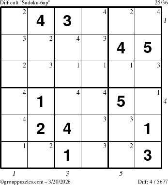 The grouppuzzles.com Difficult Sudoku-6up puzzle for Friday March 20, 2026, suitable for printing, with all 4 steps marked