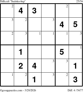 The grouppuzzles.com Difficult Sudoku-6up puzzle for Friday March 20, 2026 with the first 3 steps marked