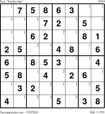 The grouppuzzles.com Easy Sudoku-8up puzzle for Friday March 20, 2026 with the first 3 steps marked