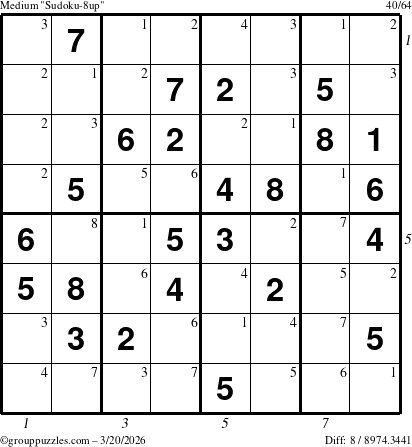 The grouppuzzles.com Medium Sudoku-8up puzzle for Friday March 20, 2026 with all 8 steps marked