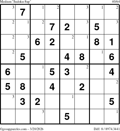 The grouppuzzles.com Medium Sudoku-8up puzzle for Friday March 20, 2026 with the first 3 steps marked
