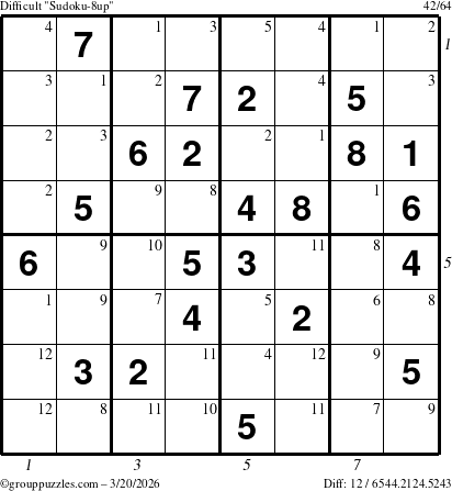 The grouppuzzles.com Difficult Sudoku-8up puzzle for Friday March 20, 2026 with all 12 steps marked