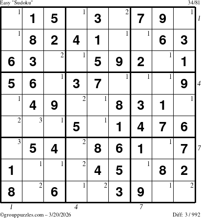 The grouppuzzles.com Easy Sudoku puzzle for Friday March 20, 2026, suitable for printing, with all 3 steps marked