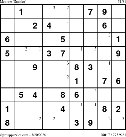 The grouppuzzles.com Medium Sudoku puzzle for Friday March 20, 2026 with the first 3 steps marked