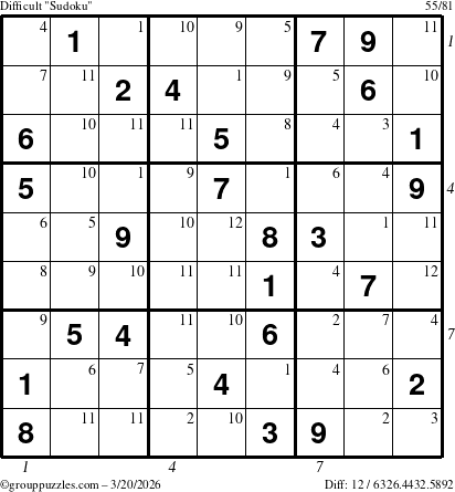 The grouppuzzles.com Difficult Sudoku puzzle for Friday March 20, 2026, suitable for printing, with all 12 steps marked