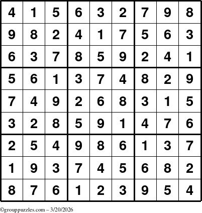 The grouppuzzles.com Answer grid for the Sudoku puzzle for Friday March 20, 2026