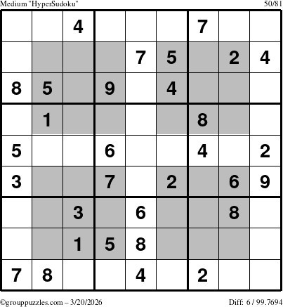 The grouppuzzles.com Medium HyperSudoku puzzle for Friday March 20, 2026