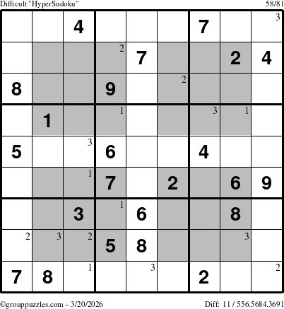 The grouppuzzles.com Difficult HyperSudoku puzzle for Friday March 20, 2026 with the first 3 steps marked