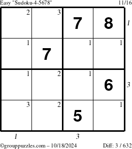 The grouppuzzles.com Easy Sudoku-4-5678 puzzle for Friday October 18, 2024, suitable for printing, with all 3 steps marked