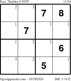 The grouppuzzles.com Easy Sudoku-4-5678 puzzle for Friday October 18, 2024 with the first 3 steps marked