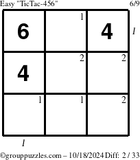 The grouppuzzles.com Easy TicTac-456 puzzle for Friday October 18, 2024 with all 2 steps marked