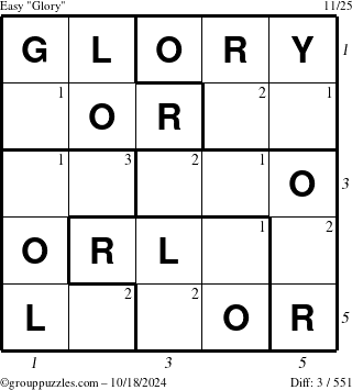 The grouppuzzles.com Easy Glory puzzle for Friday October 18, 2024 with all 3 steps marked