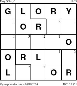 The grouppuzzles.com Easy Glory puzzle for Friday October 18, 2024 with the first 3 steps marked