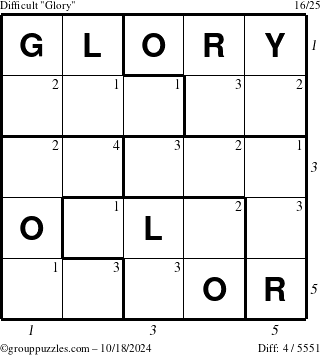 The grouppuzzles.com Difficult Glory puzzle for Friday October 18, 2024 with all 4 steps marked