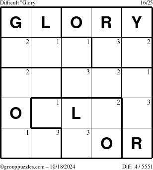 The grouppuzzles.com Difficult Glory puzzle for Friday October 18, 2024 with the first 3 steps marked