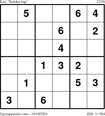 The grouppuzzles.com Easy Sudoku-6up puzzle for Friday October 18, 2024