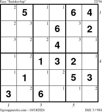 The grouppuzzles.com Easy Sudoku-6up puzzle for Friday October 18, 2024 with all 3 steps marked