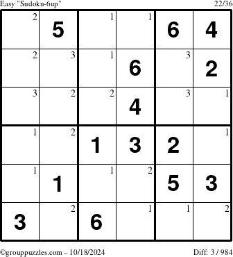 The grouppuzzles.com Easy Sudoku-6up puzzle for Friday October 18, 2024 with the first 3 steps marked