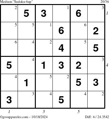 The grouppuzzles.com Medium Sudoku-6up puzzle for Friday October 18, 2024 with all 6 steps marked