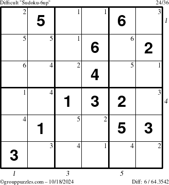 The grouppuzzles.com Difficult Sudoku-6up puzzle for Friday October 18, 2024, suitable for printing, with all 6 steps marked