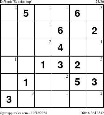 The grouppuzzles.com Difficult Sudoku-6up puzzle for Friday October 18, 2024 with the first 3 steps marked