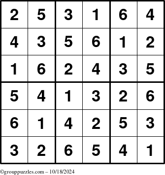 The grouppuzzles.com Answer grid for the Sudoku-6up puzzle for Friday October 18, 2024