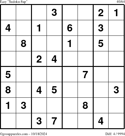 The grouppuzzles.com Easy Sudoku-8up puzzle for Friday October 18, 2024