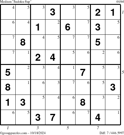 The grouppuzzles.com Medium Sudoku-8up puzzle for Friday October 18, 2024 with all 7 steps marked