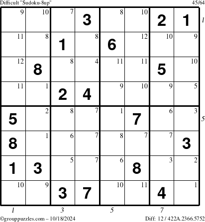 The grouppuzzles.com Difficult Sudoku-8up puzzle for Friday October 18, 2024 with all 12 steps marked