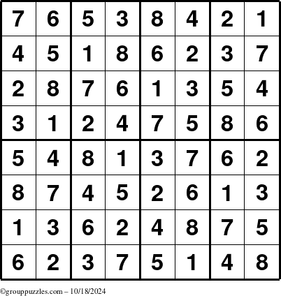 The grouppuzzles.com Answer grid for the Sudoku-8up puzzle for Friday October 18, 2024