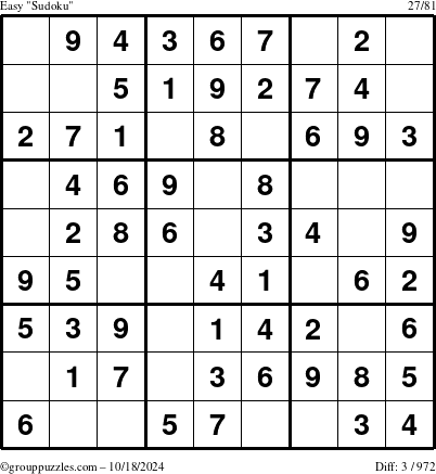 The grouppuzzles.com Easy Sudoku puzzle for Friday October 18, 2024