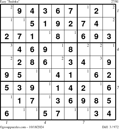 The grouppuzzles.com Easy Sudoku puzzle for Friday October 18, 2024, suitable for printing, with all 3 steps marked