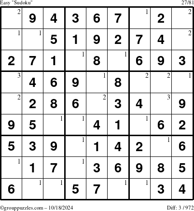 The grouppuzzles.com Easy Sudoku puzzle for Friday October 18, 2024 with the first 3 steps marked